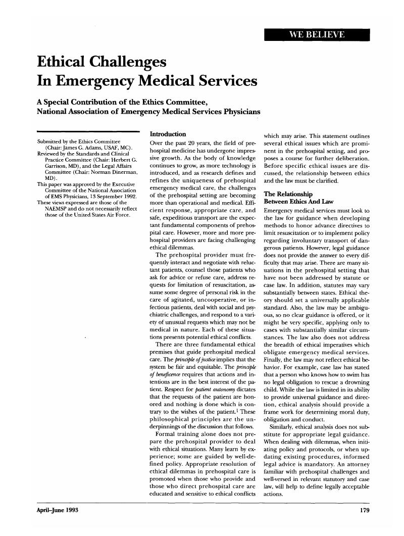 Ethical Challenges In Emergency Medical Services: A Special ...