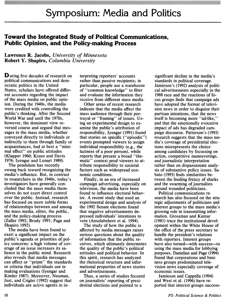 Interaction Example Political Science Research Toward the Integrated Study of Political Communications, Public Opinion ...