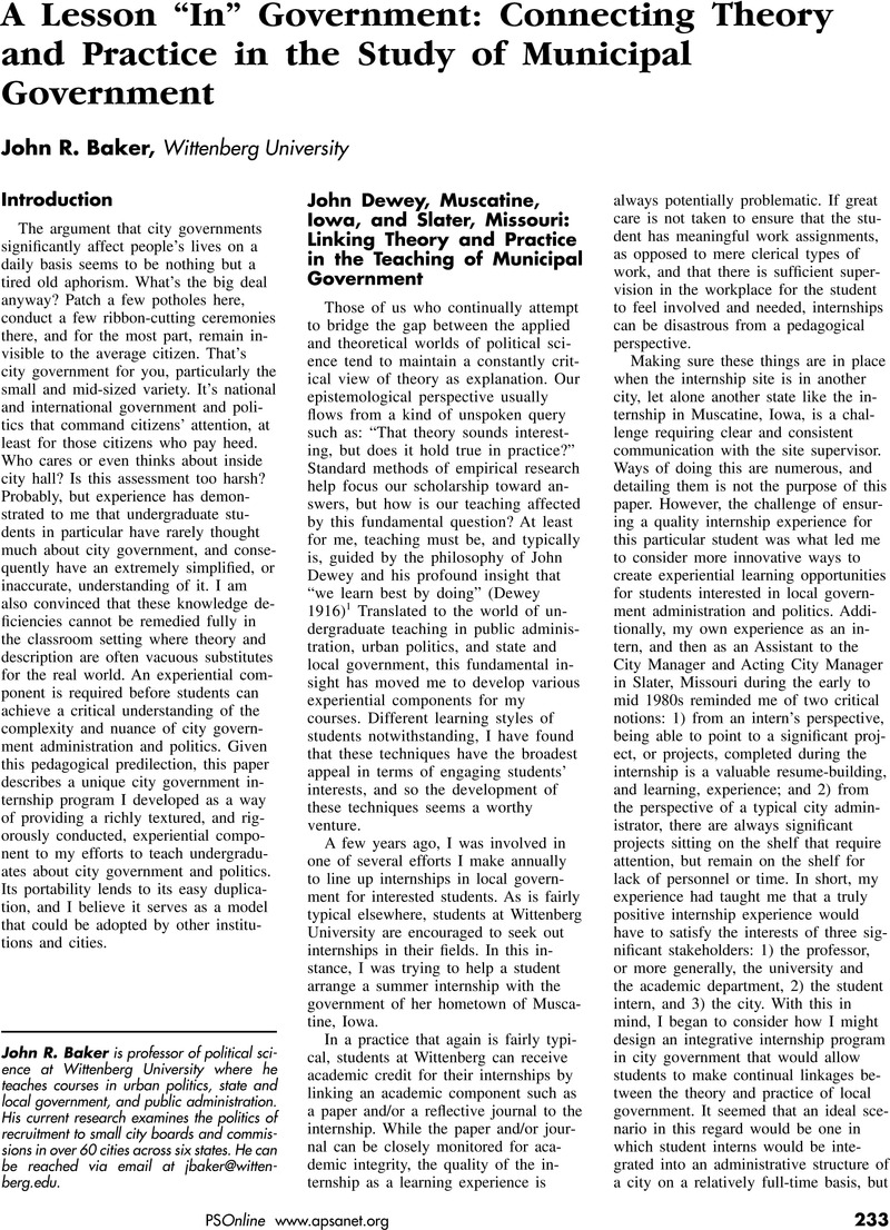 A Lesson “In” Government: Connecting Theory and Practice in the Study ...