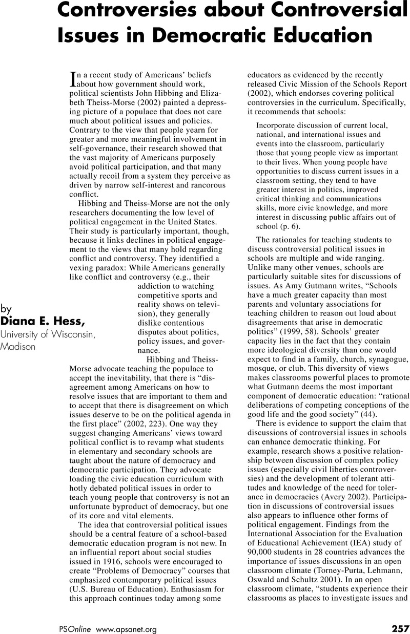 Controversially Controversies about Controversial Issues in DemocraticEducation | PS ...