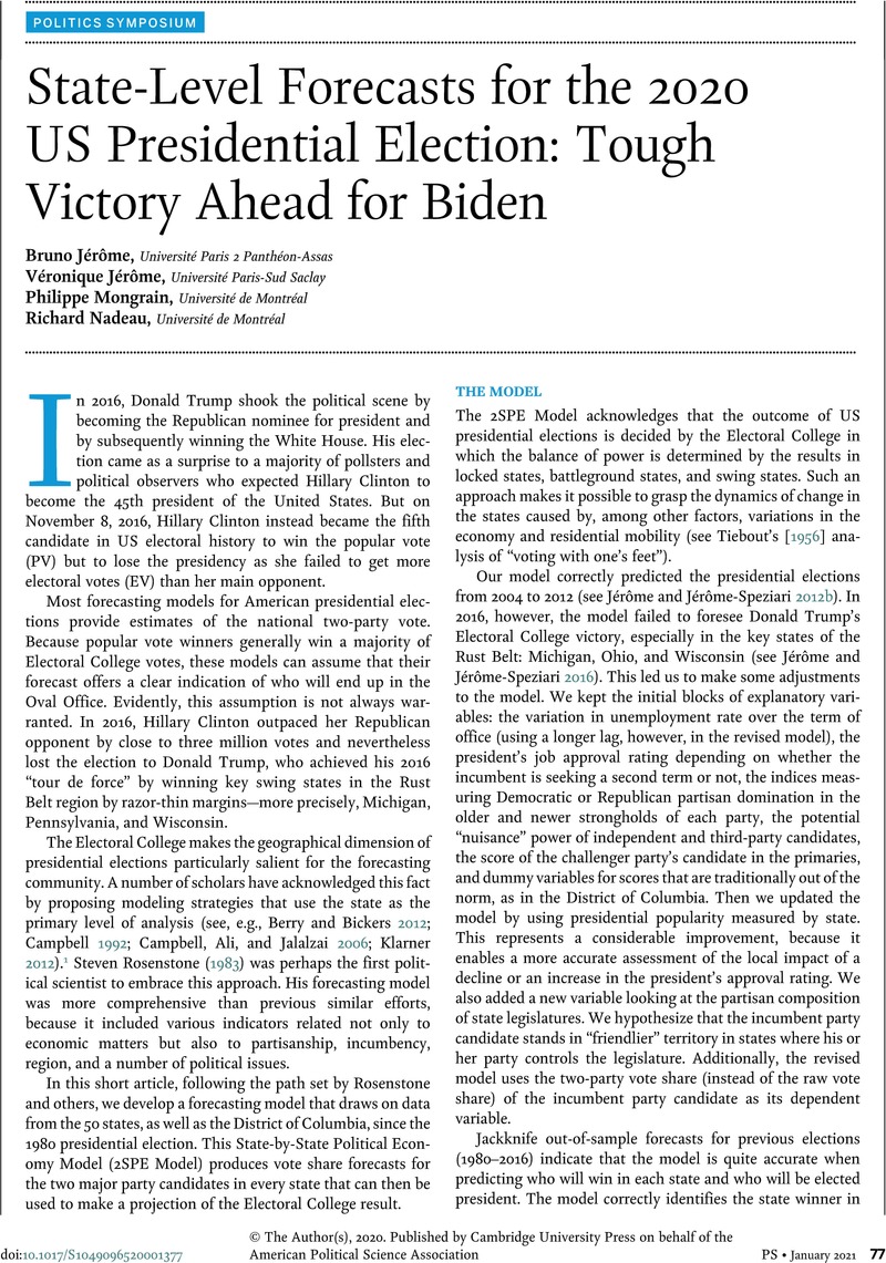 State Analysis Election State-Level Forecasts for the 2020 US Presidential Election: Tough ...
