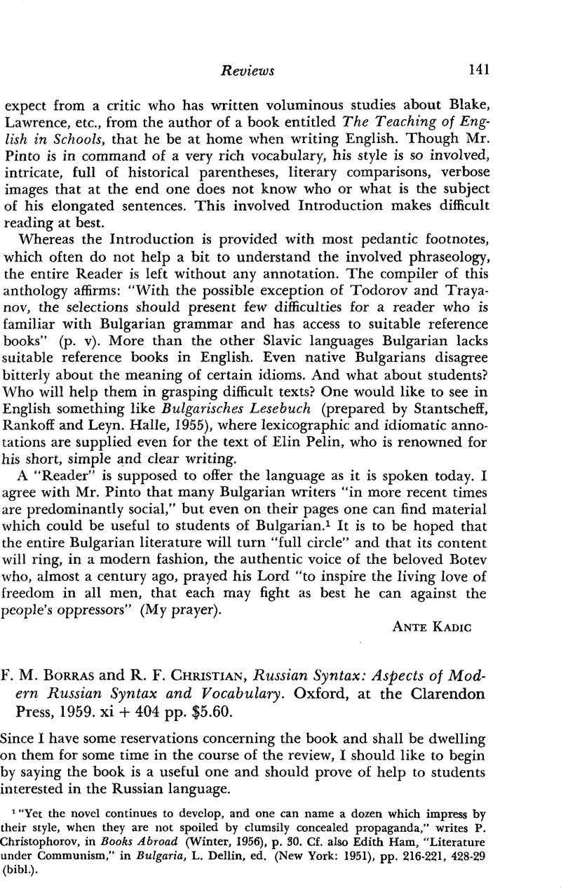 F. M. Borras and R. F. Christian, Russian Syntax: Aspects of 