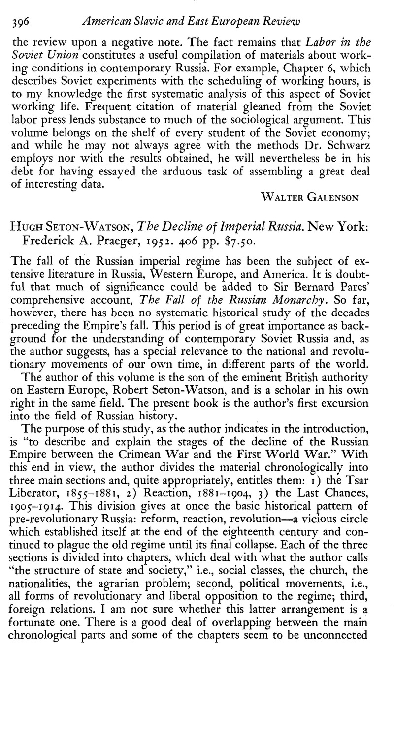 Hugh Seton-Watson , The Decline of Imperial Russia. New York: Frederick ...
