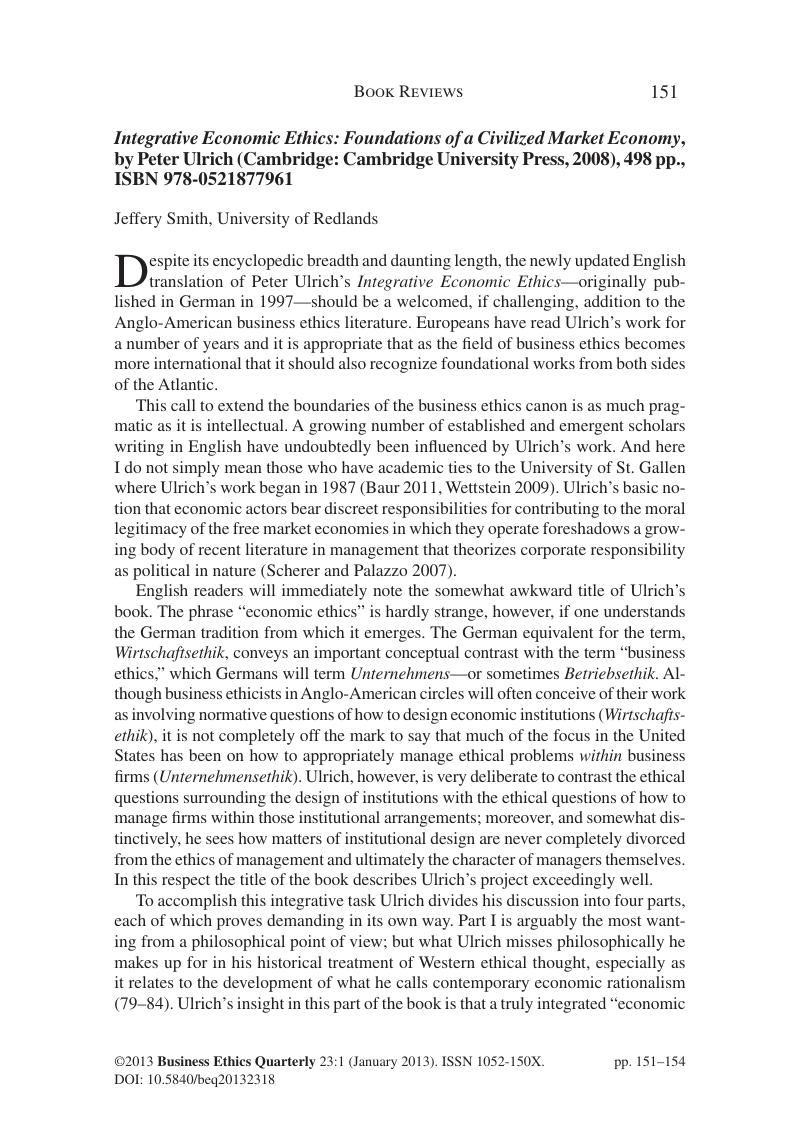 Integrative Economic Ethics: Foundations of a Civilized Market Economy