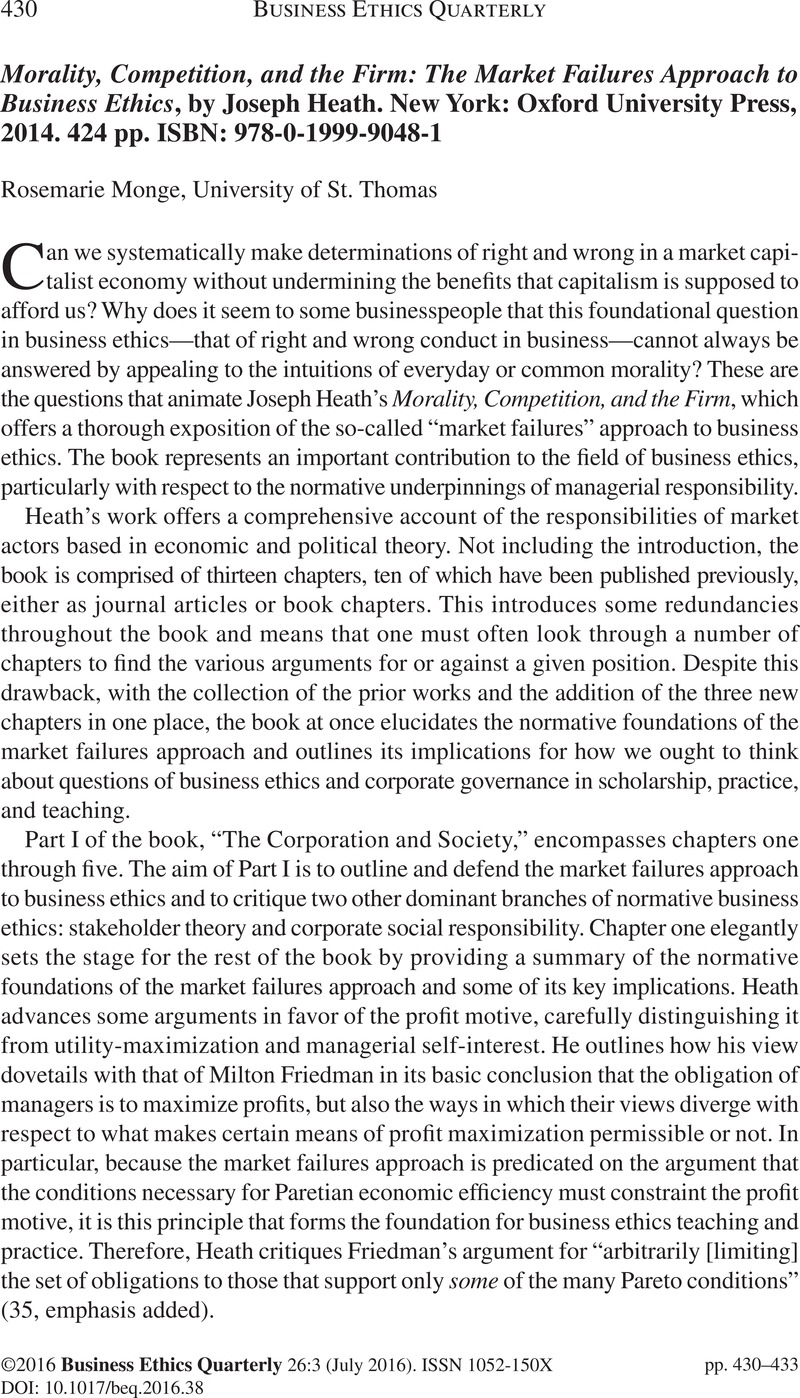 Morality, Competition, and the Firm: The Market Failures Approach to Business Ethics