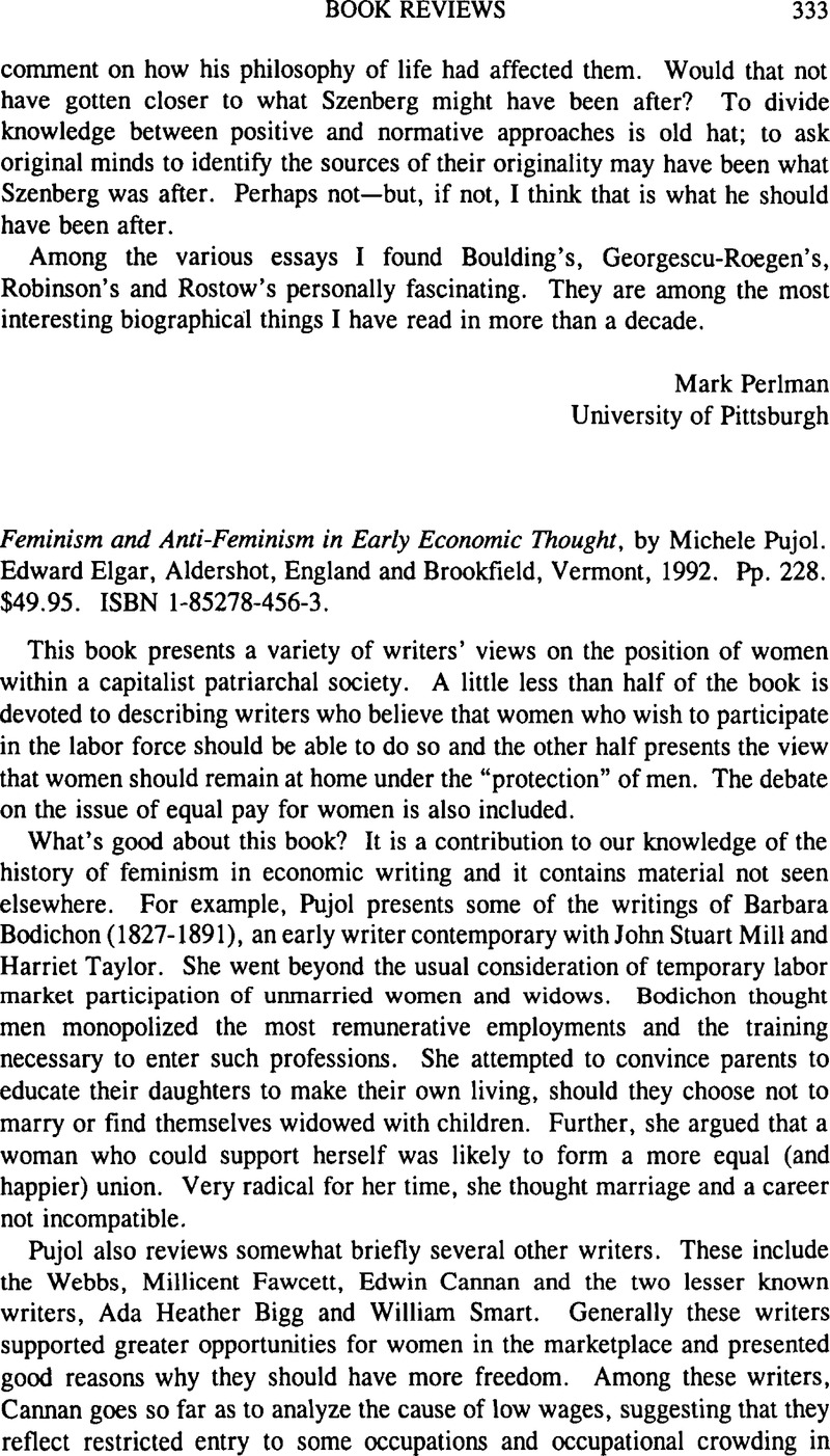 Feminism and Anti Feminism in Early Economic Thought by Michele