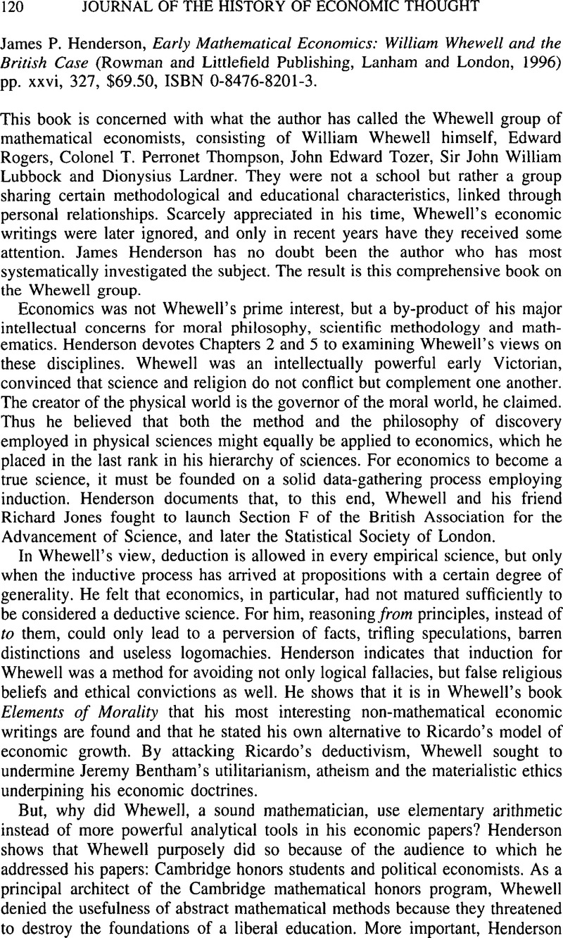 James P. Henderson, Early Mathematical Economics: William Whewell and ...