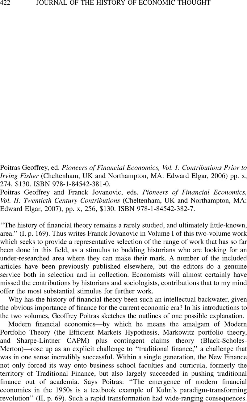 Poitras Geoffrey, ed. Pioneers of Financial Economics, Vol. I ...