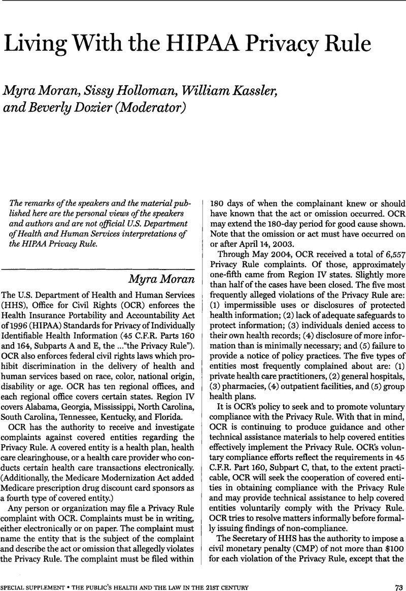 Living With The HIPAA Privacy Rule Journal Of Law Medicine Ethics   FirstPage S1073110500002795a 