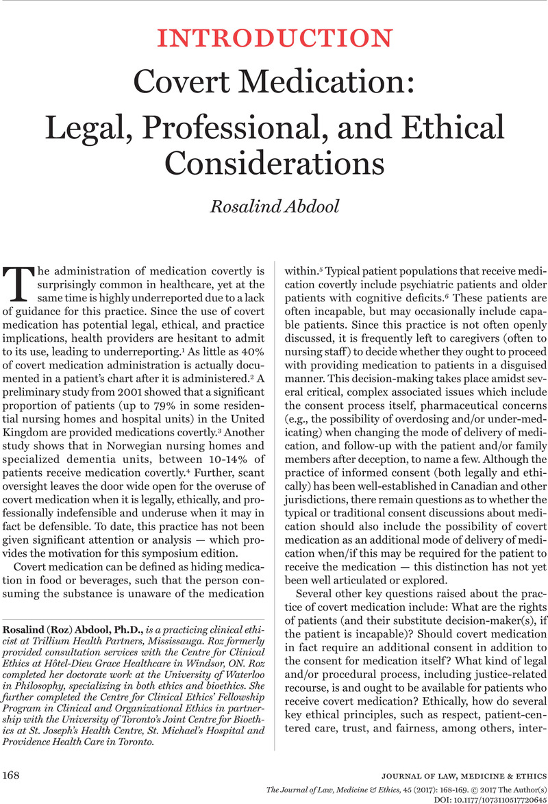 Covert Medication Legal Professional And Ethical Considerations 