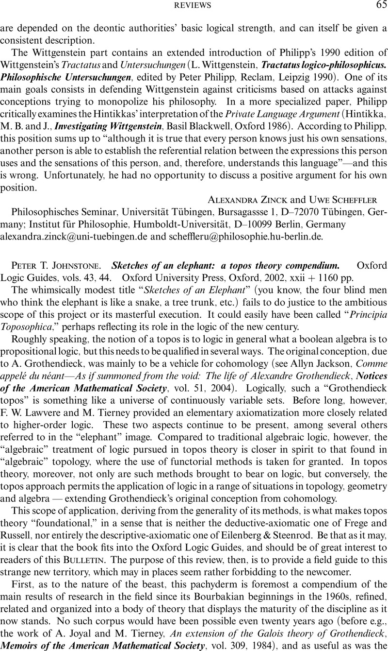 Peter T. Johnstone. Sketches of an elephant: a topos theory