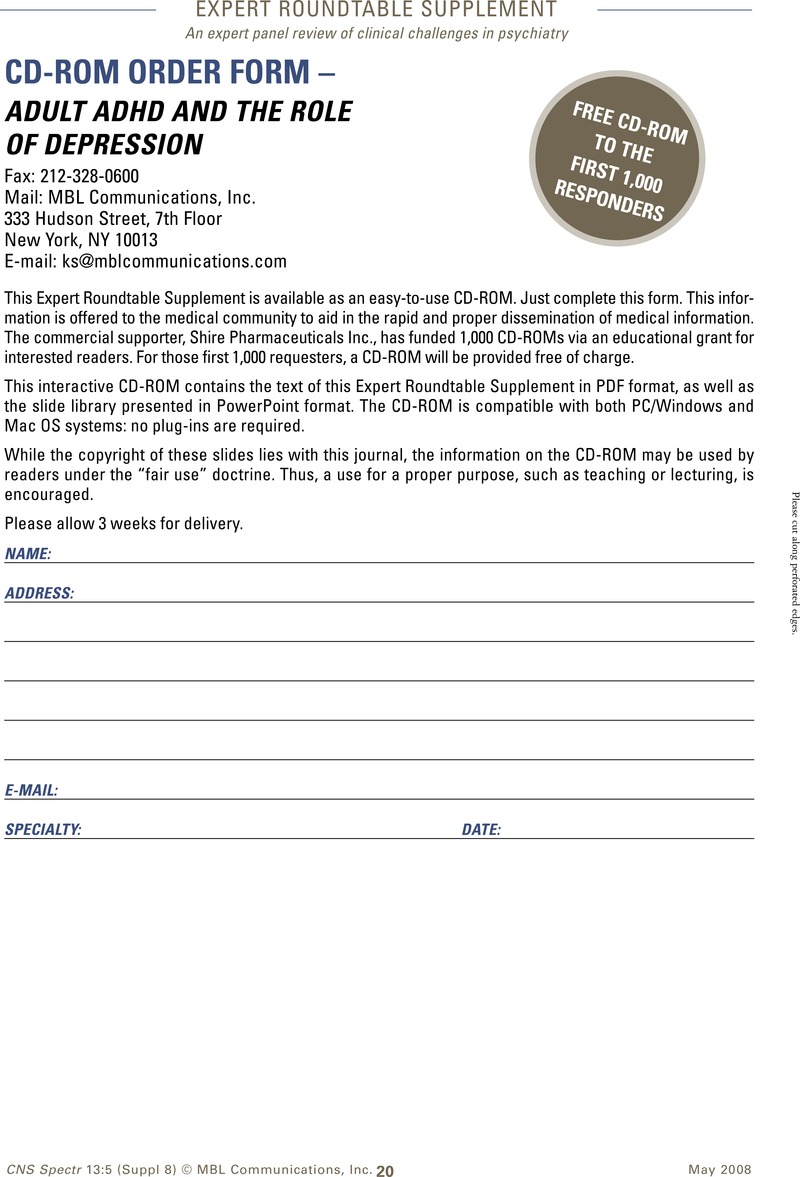 CD-ROM Order Form – Adult ADHD and the Role of Depression | CNS ...