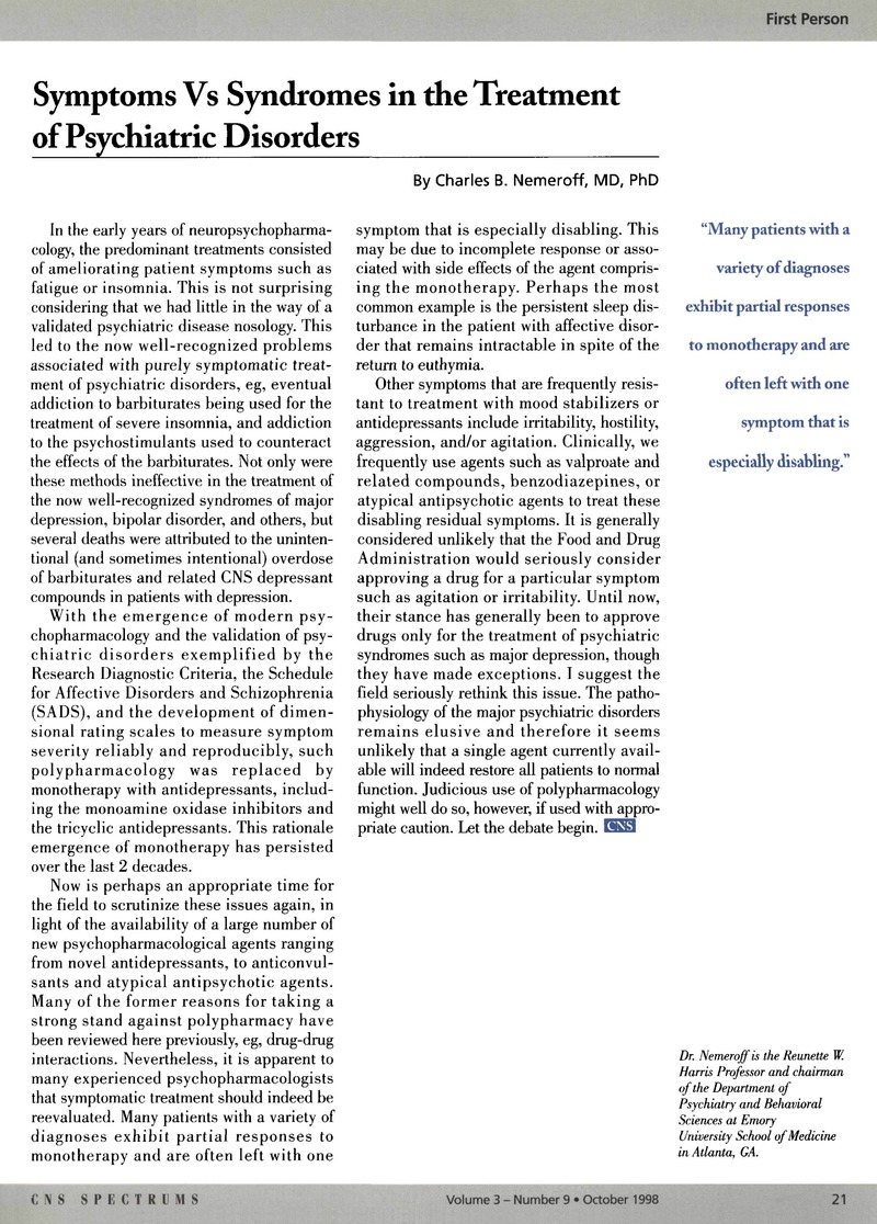 Symptoms Vs Syndromes in the Treatment of Psychiatric Disorders | CNS ...