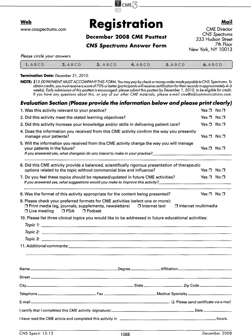 Registration December 2008 CME Posttest CNS Spectrums Answer Form | CNS ...
