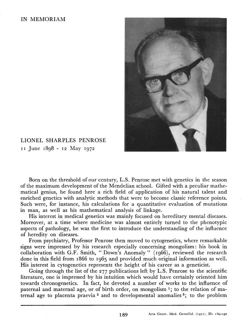 Lionel Sharples Penrose 11 June 1898 - 12 May 1972 | Acta geneticae ...