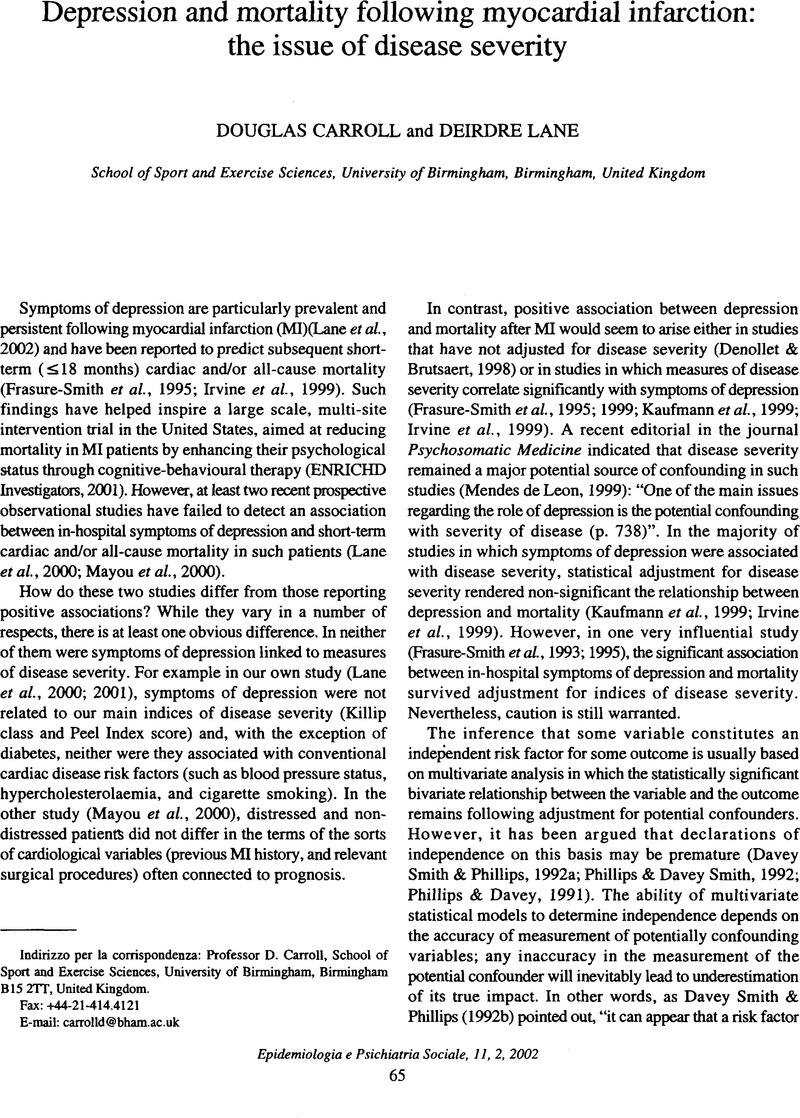Depression and mortality following myocardial infarction: the issue of ...