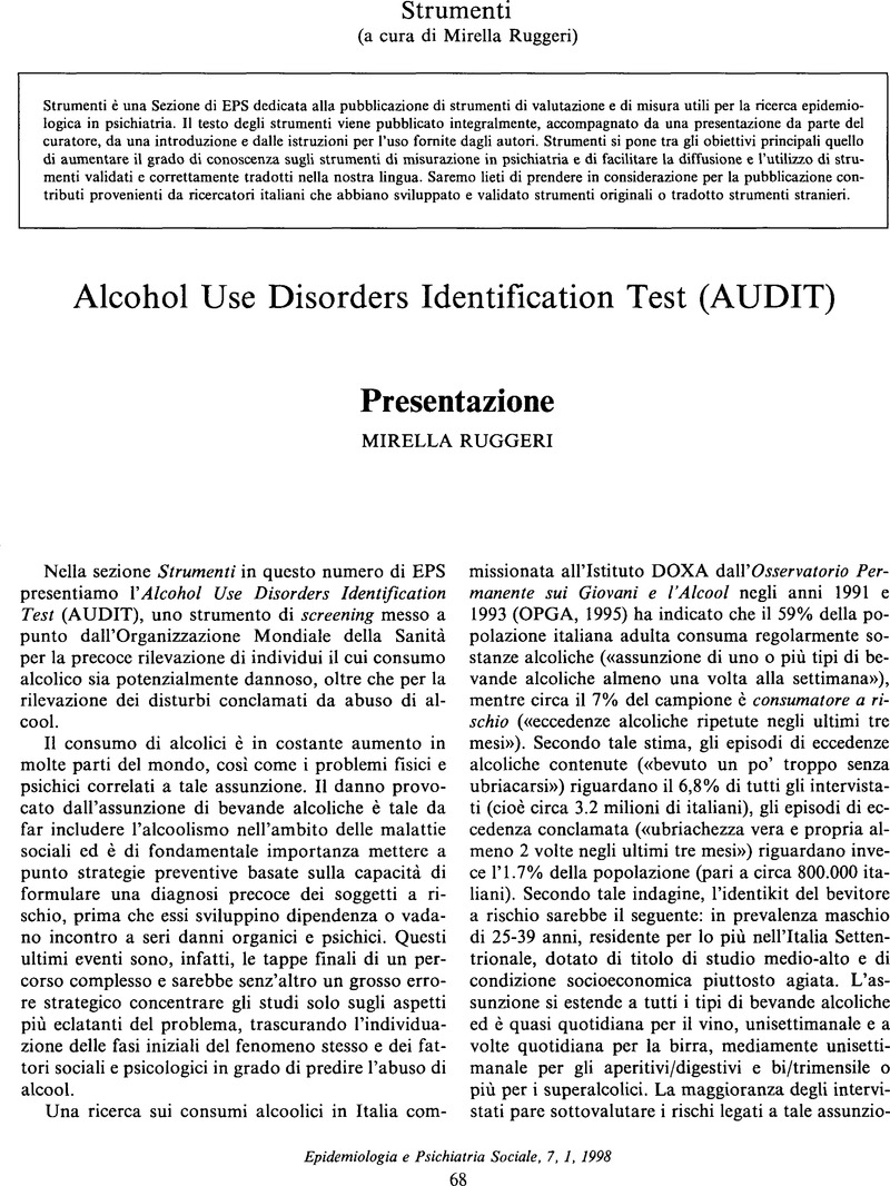 Alcohol Use Disorders Identification Test Audit Presentazione