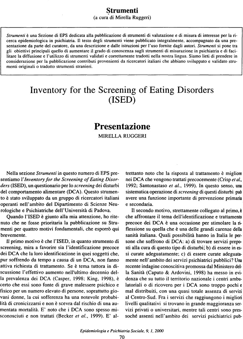Inventory for the Screening of Eating Disorders (ISED). Presentazione ...