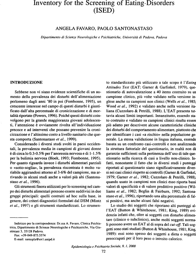 Inventory for the Screening of Eating-Disorders (ISED) | Epidemiology ...