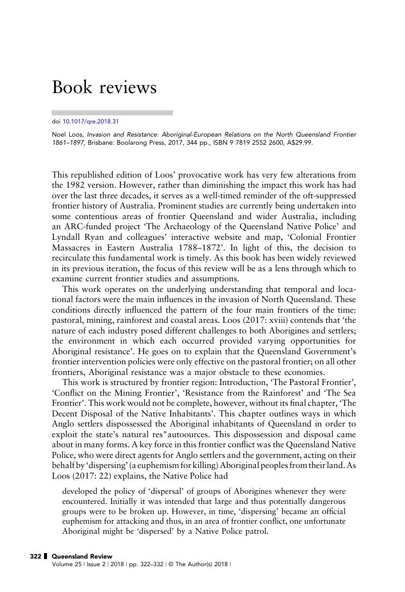 Noel Loos, Invasion and Resistance: Aboriginal-European Relations on ...