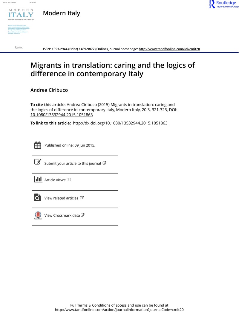 Migrants in Translation: Caring and the Logics of Difference in Contemporary Italy