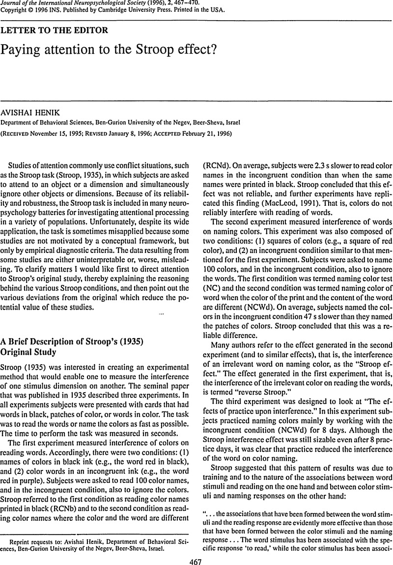 Paying Attention To The Stroop Effect Journal Of The International Neuropsychological Society 3876