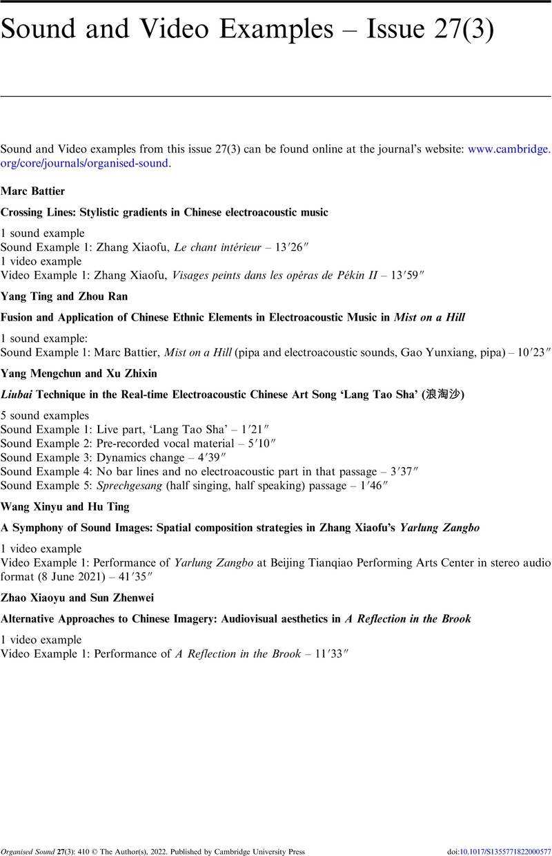 Sound and Video Examples – Issue 27(3) | Organised Sound | Cambridge Core
