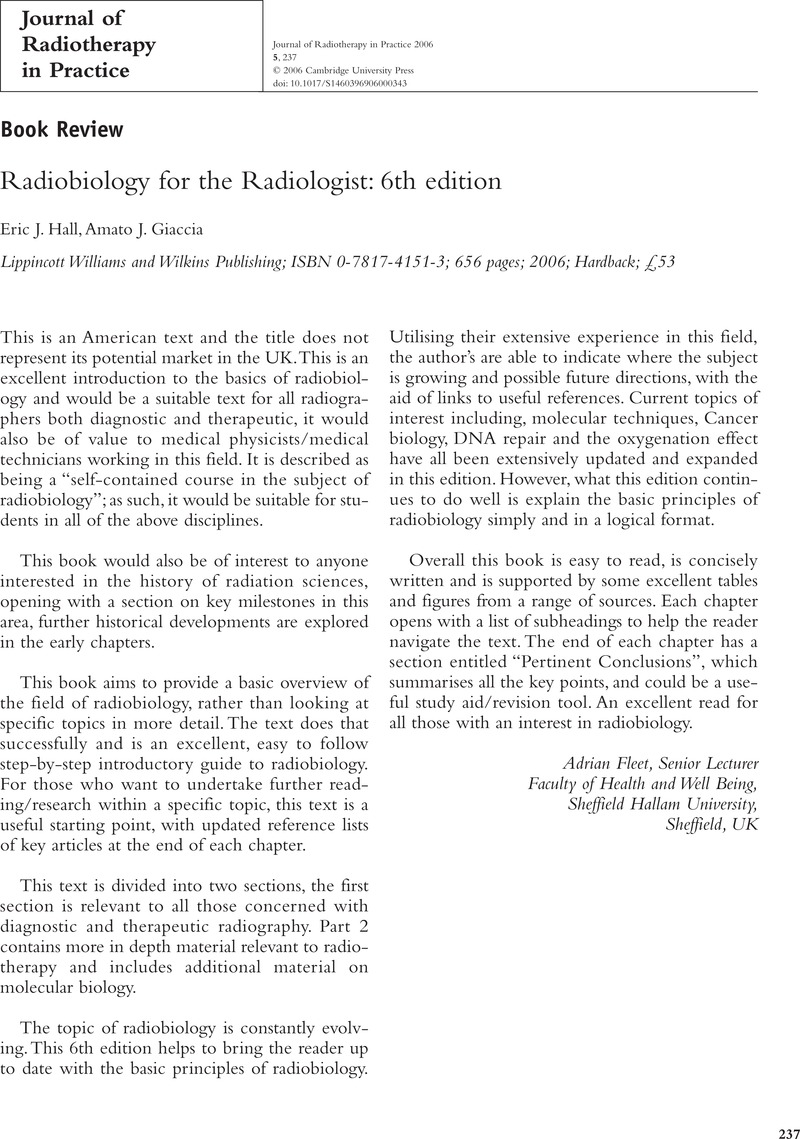 Radiobiology for the Radiologist 6th edition, Eric J