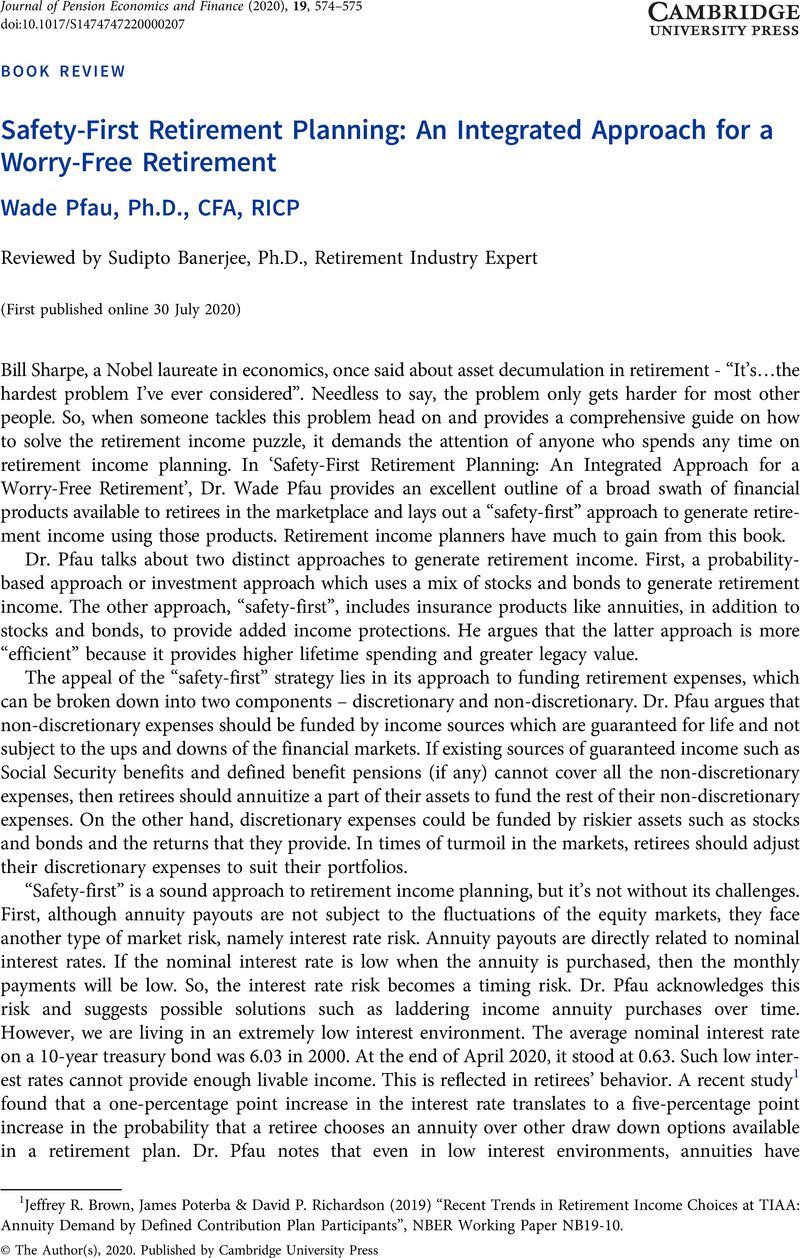 SafetyFirst Retirement Planning An Integrated Approach for a Worry