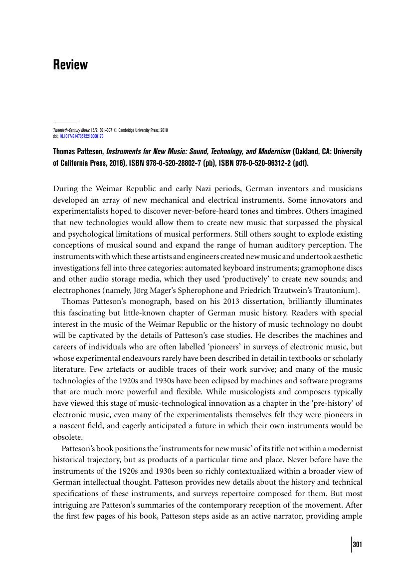 Instruments for New Music: Sound, Technology, and Modernism