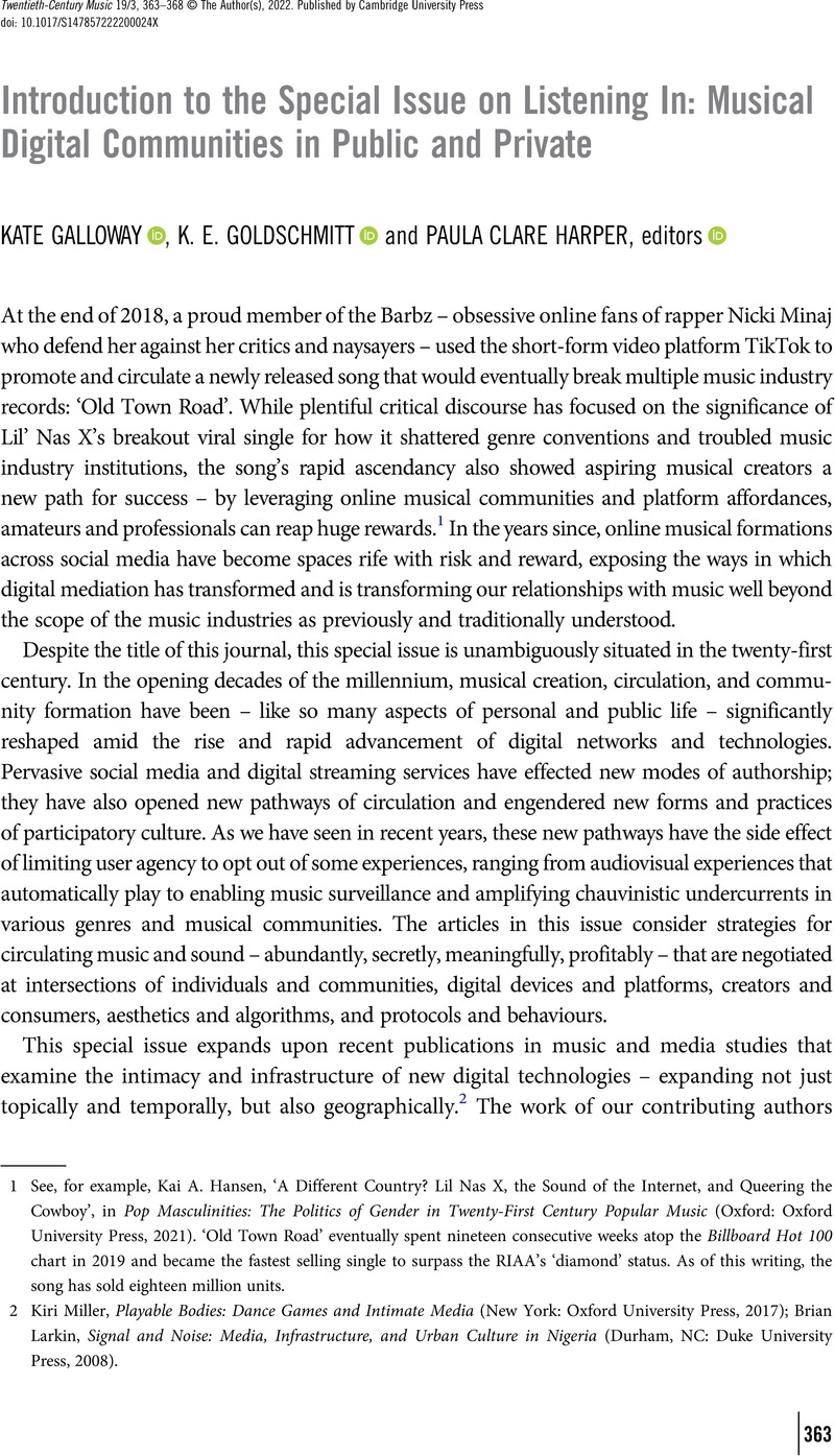 Introduction To The Special Issue On Listening In: Musical Digital ...