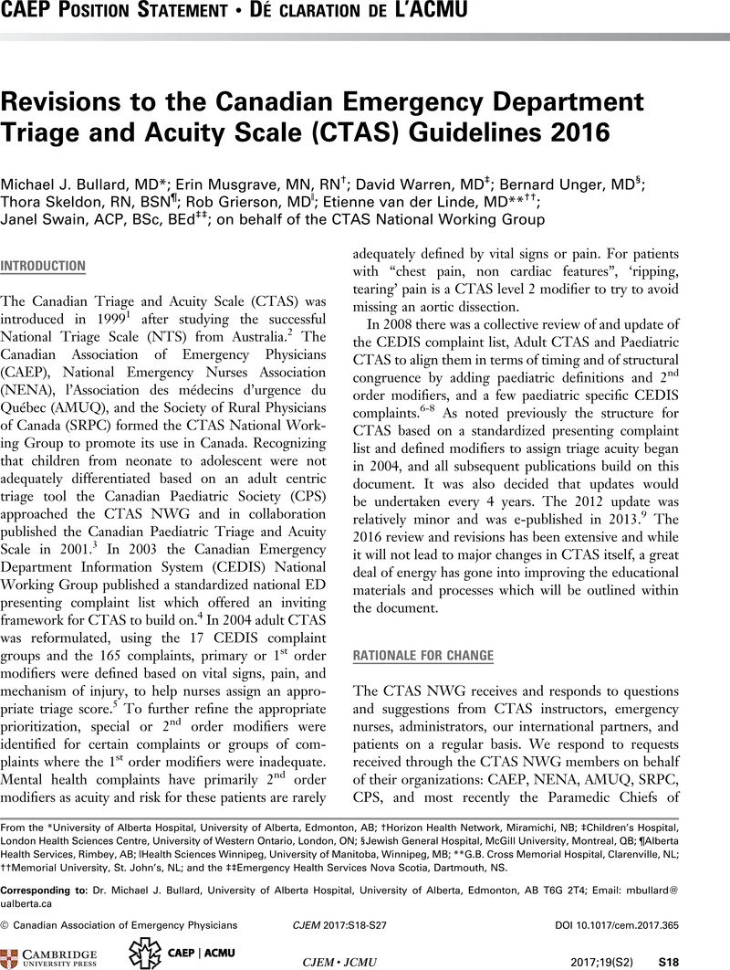 Revisions To The Canadian Emergency Department Triage And Acuity Scale Revisions To The Canadian Emergency Department Triage And Acuity Scale