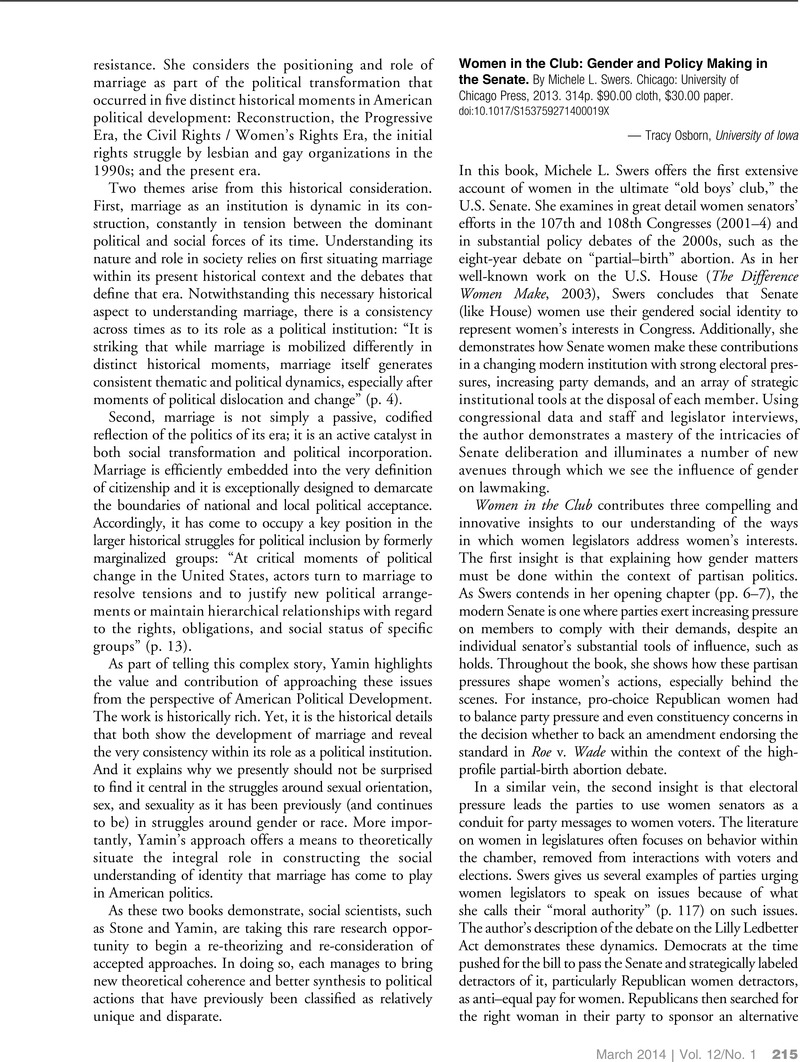 Women in the Club: Gender and Policy Making in the Senate