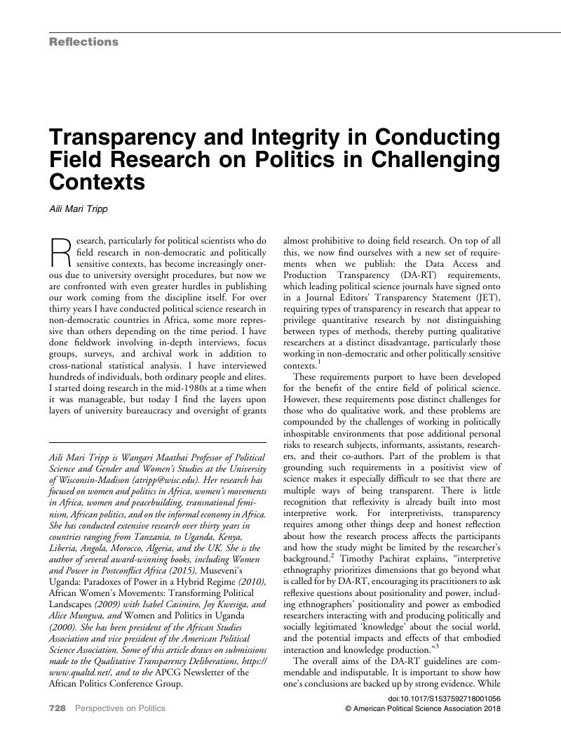 Transparency Politcal Science Transparency and Integrity in Conducting Field Research on Politics in ...