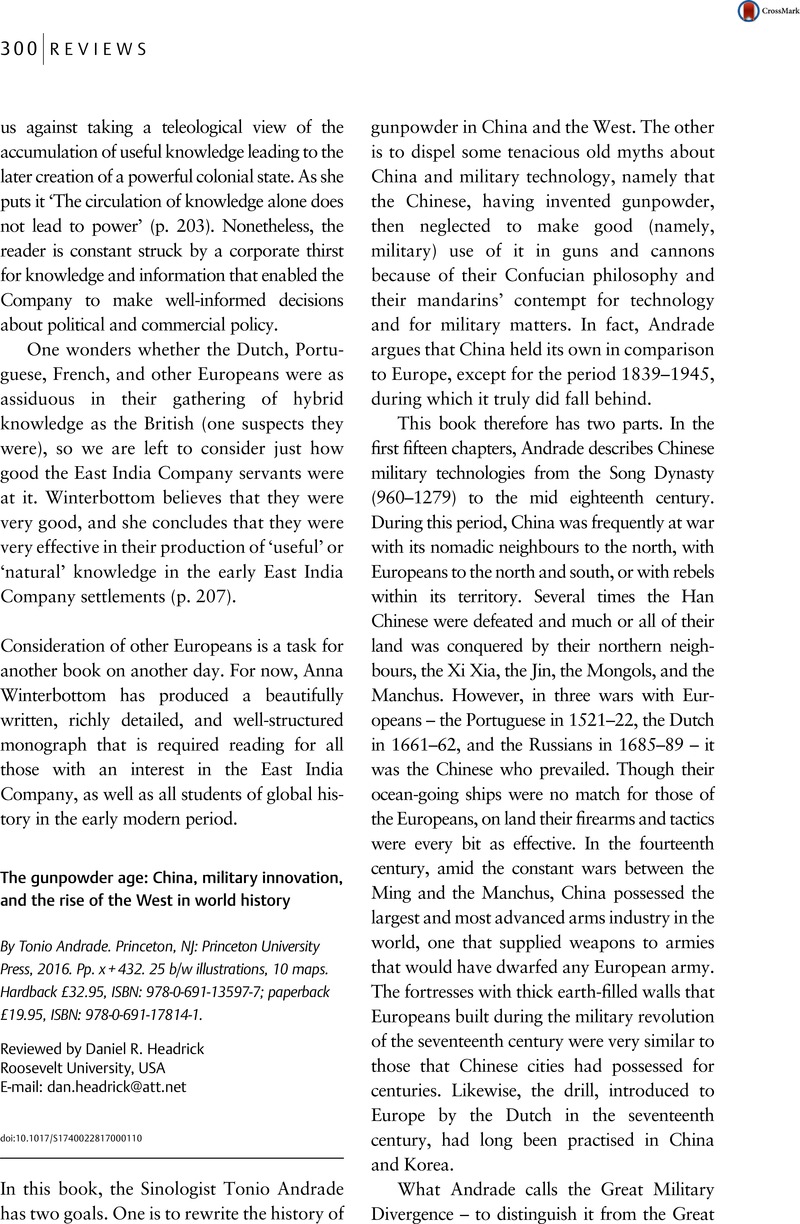 The Gunpowder Age: China, Military Innovation, and the Rise of the West in World History