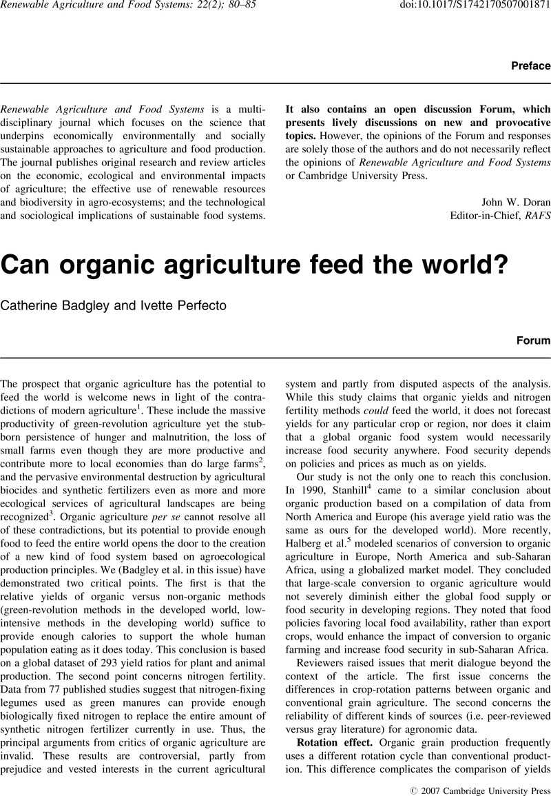 Can organic agriculture feed the world? Renewable Agriculture and