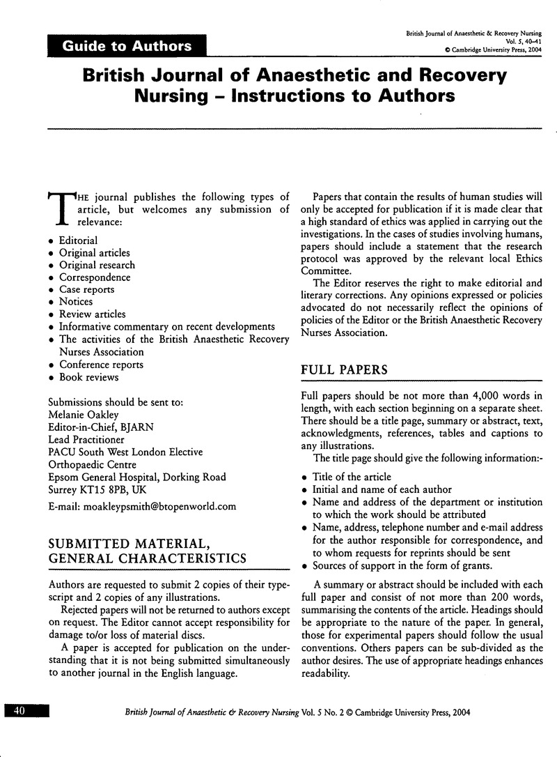 British Journal Of Anaesthetic And Recovery Nursing – Instructions To ...