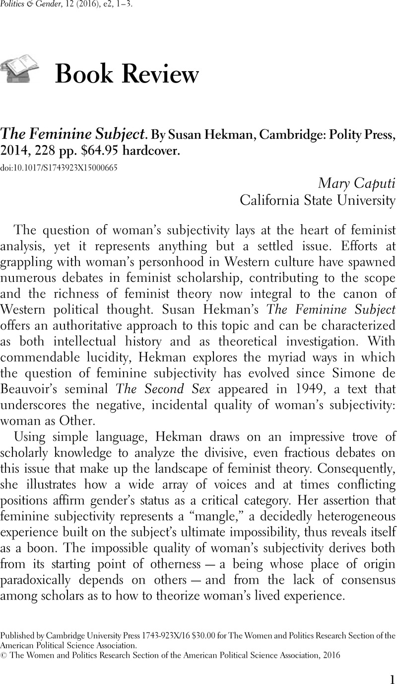 The Feminine Subject By Susan Hekman Cambridge Polity Press 2014