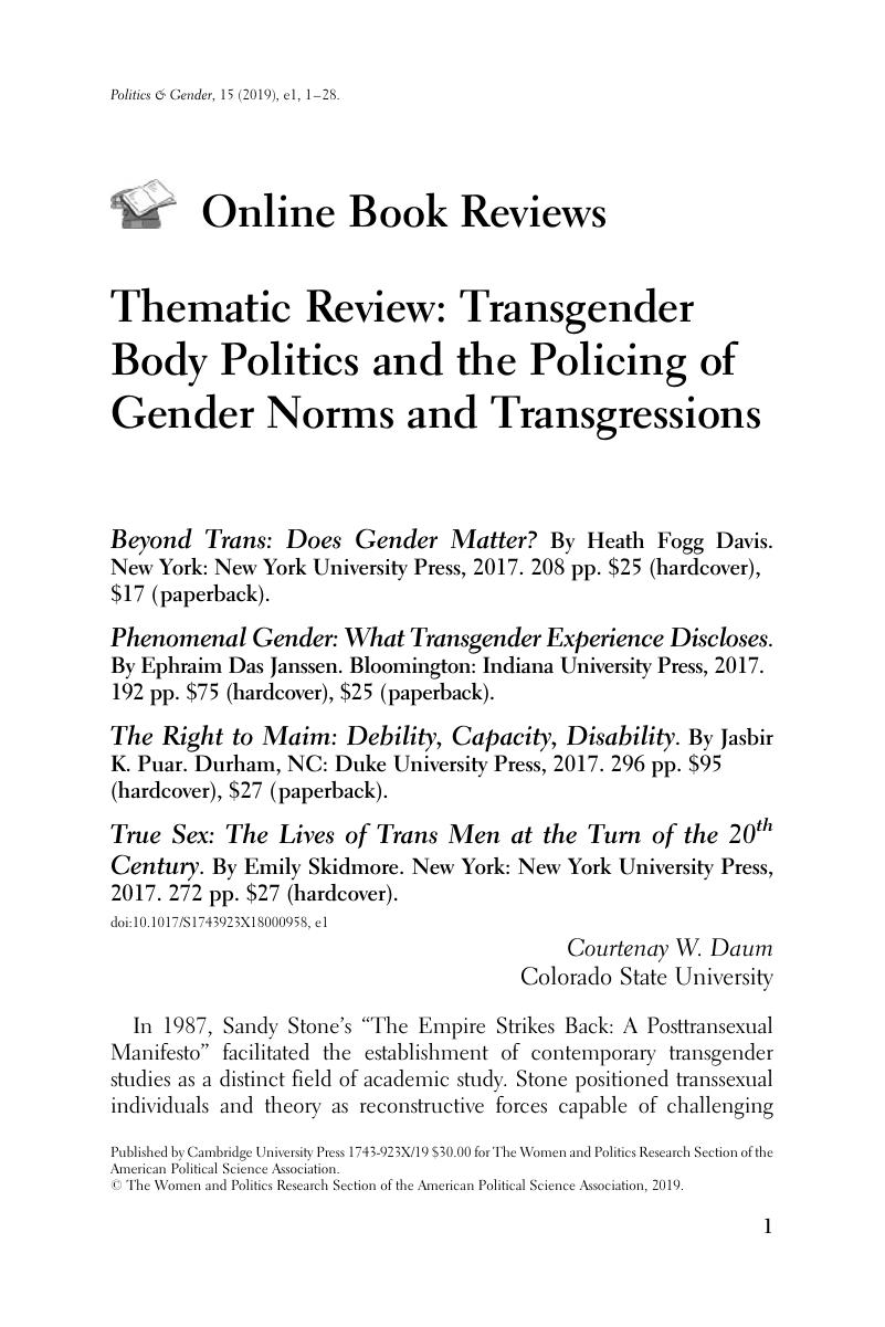 Thematic Review: Transgender Body Politics And The Policing Of Gender ...