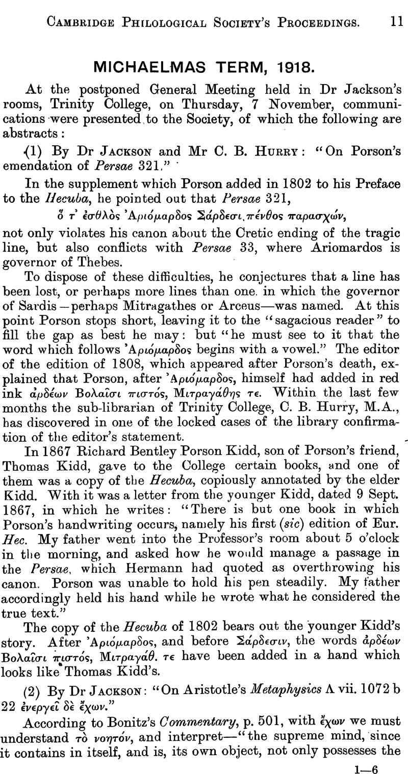 Michaelmas Term, 1918 The Cambridge Classical Journal Cambridge Core