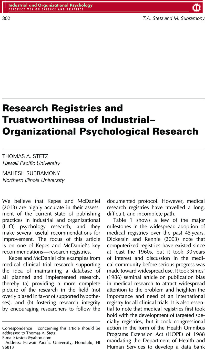 Research Registries And Trustworthiness Of Industrialorganizational