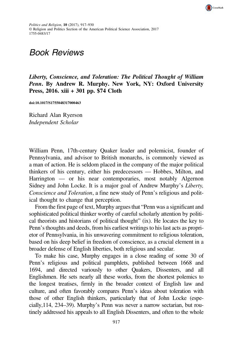 Liberty, conscience, and toleration : the political thought of William Penn