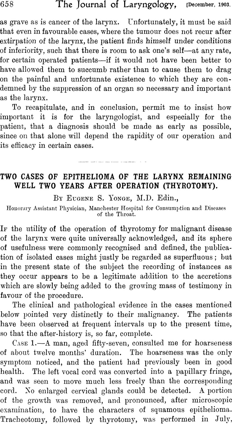 Two Cases of Epithelioma of the Larynx Remaining well Two Years after ...