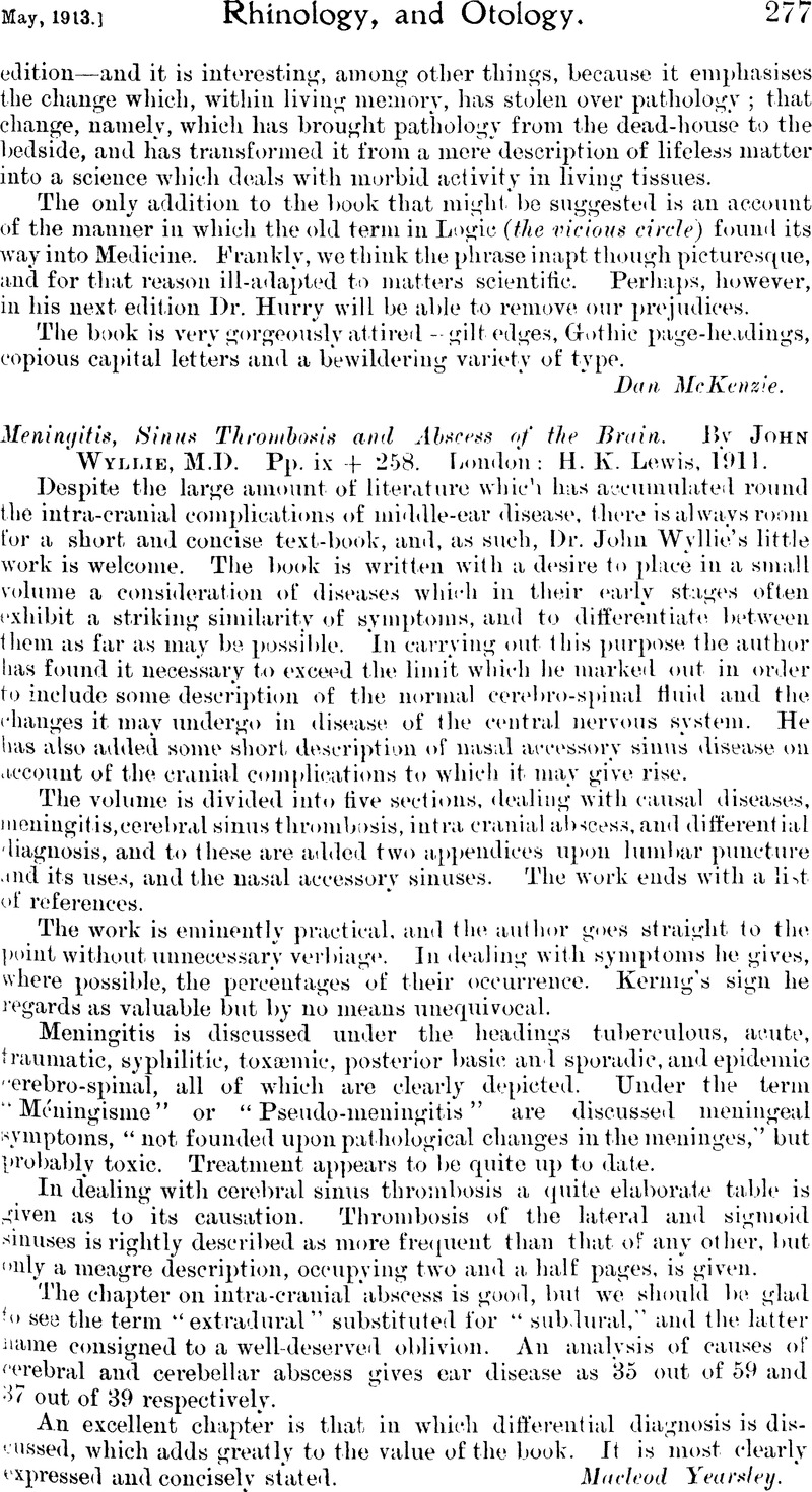 Meningitis, Sinus Thrombosis and Abscess of the Brain. By John Wyllie ...