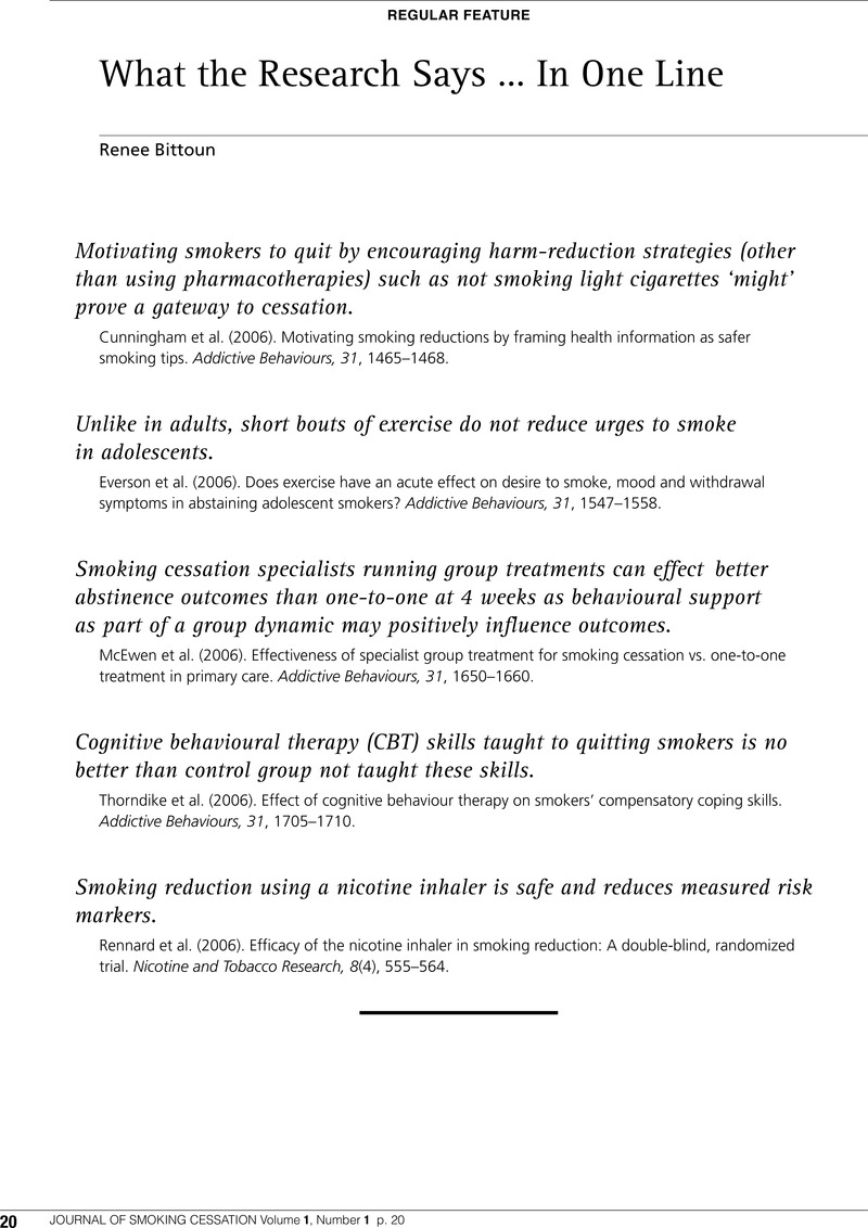 What the Research Says … In One Line Journal of Smoking Cessation
