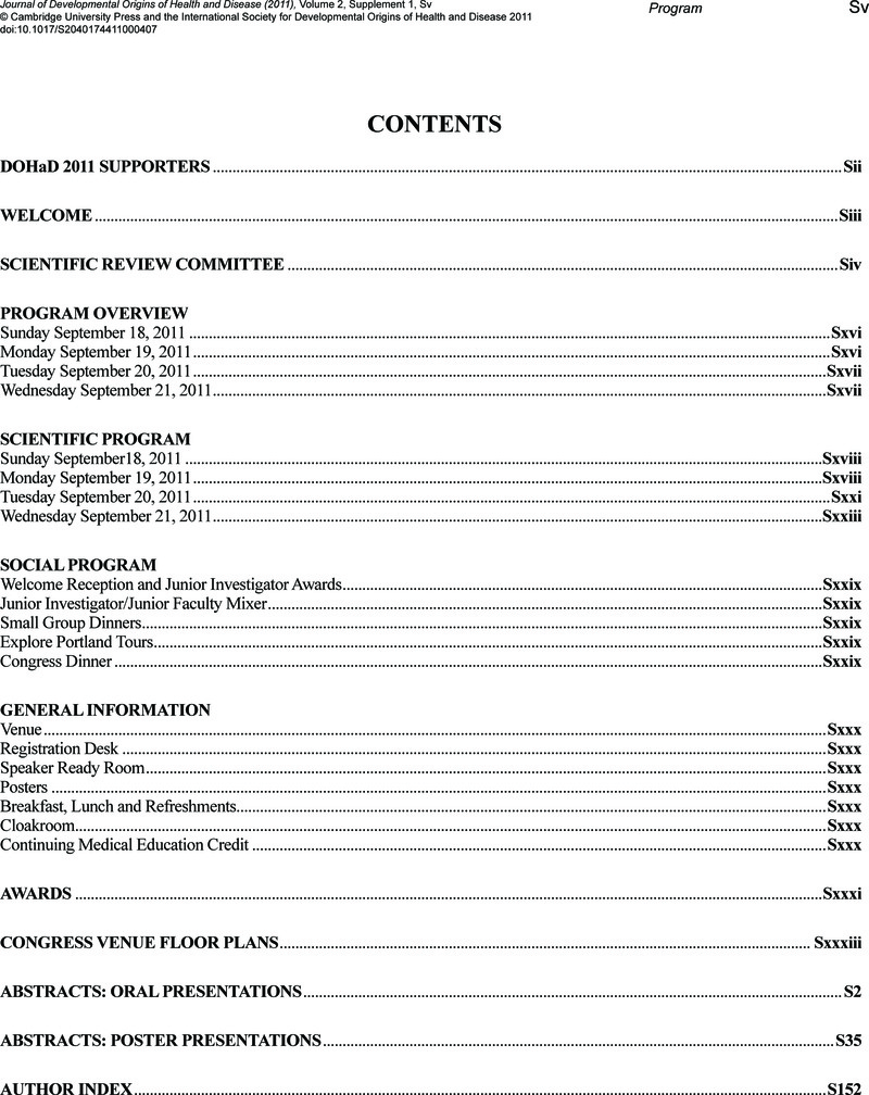 Table of Contents | Journal of Developmental Origins of Health and