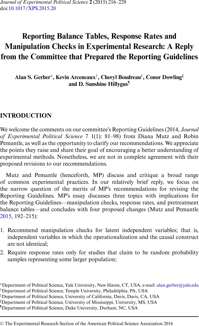 Reporting Balance Tables, Response Rates and Manipulation Checks in