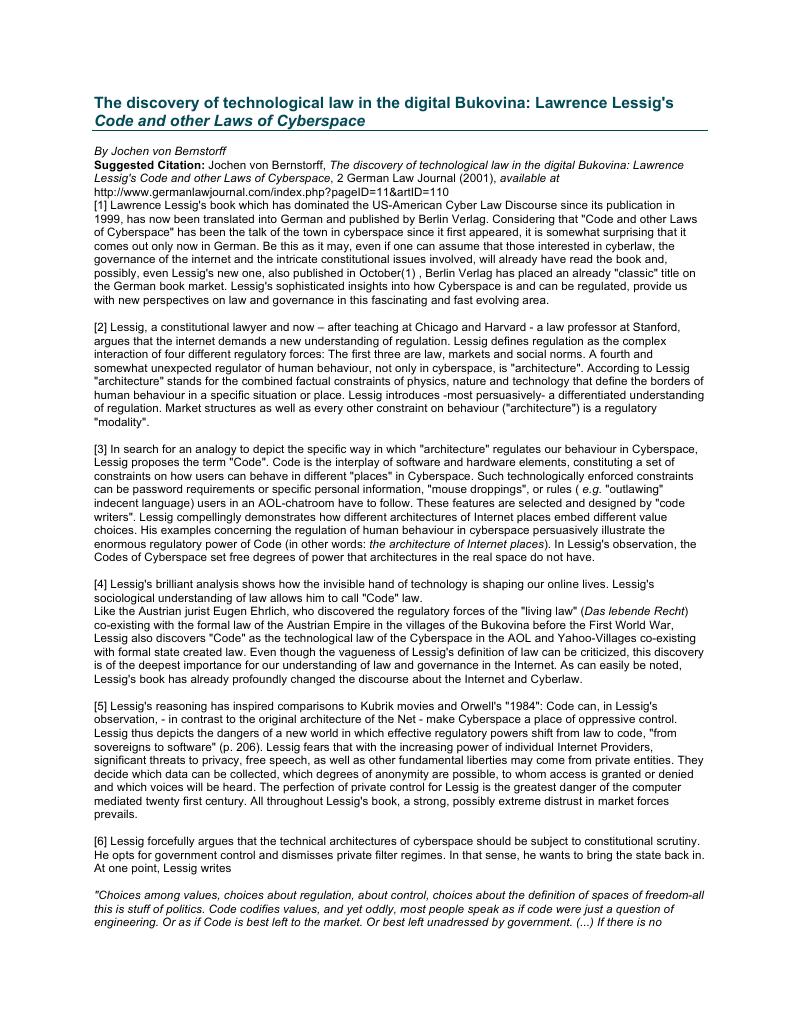 The discovery of technological law in the digital Bukovina: Lawrence ...