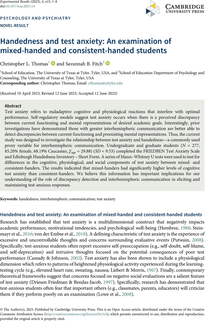 Handedness and Test Anxiety An Examination of MixedHanded and