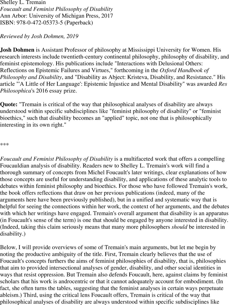 Shelley L. Tremain, Foucault and Feminist Philosophy of Disability